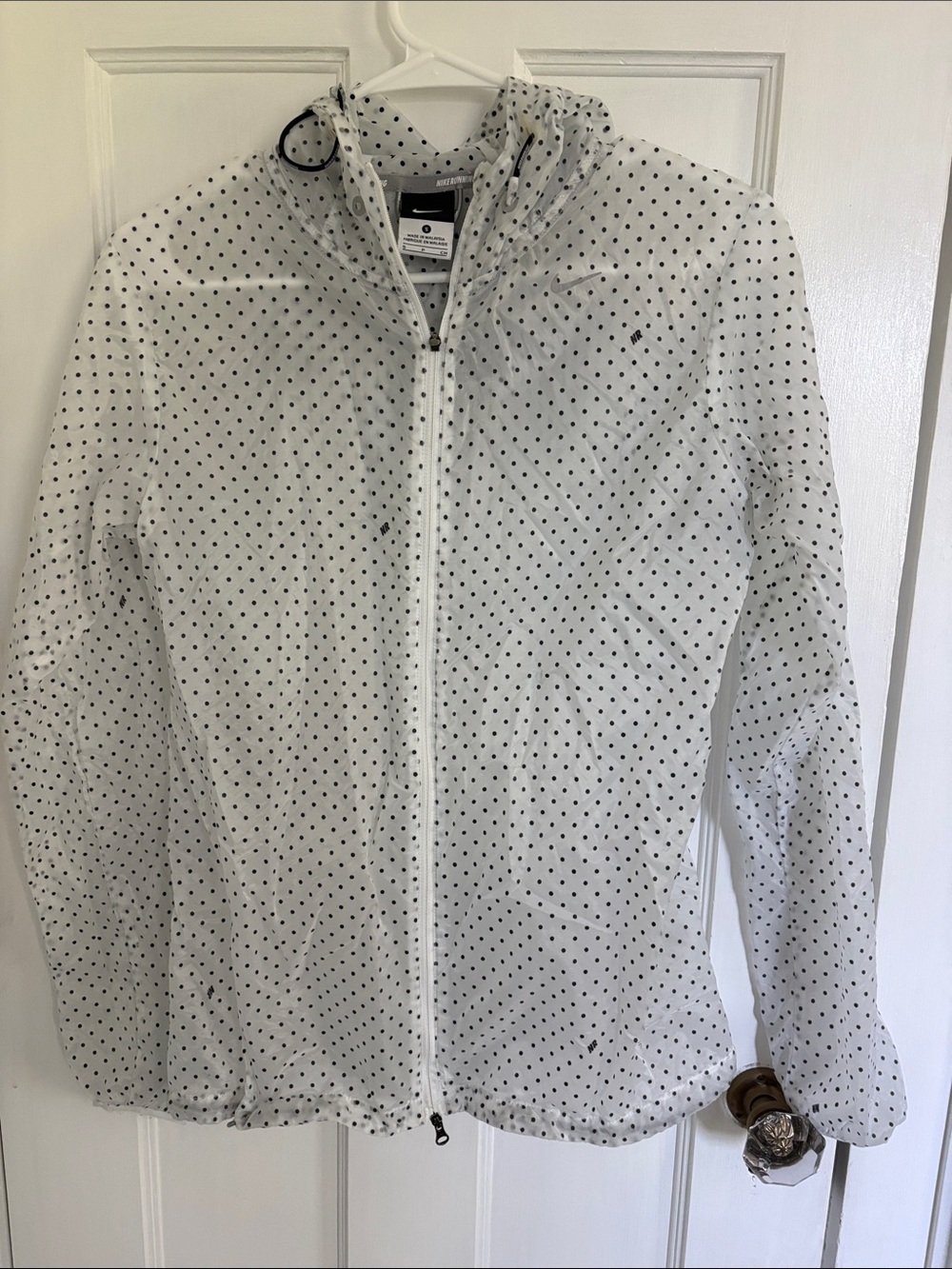 Nike White Hooded Windbreaker with Black Polka Dots